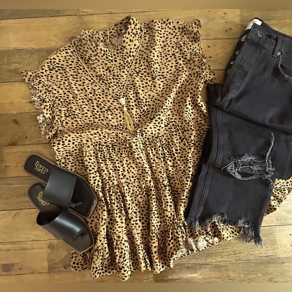 TAN & BLACK Leopard Print Tiered Babydoll Ruffle Cap Sleeves Boho Peplum Blouse - Picture 5 of 14